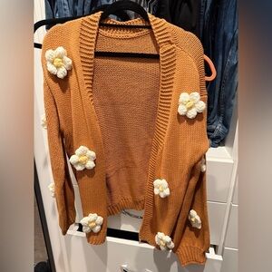 Goodnight Macaroon Camel Colored Cardigan with Floral Accents